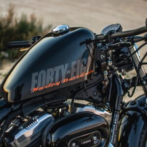 A close up of the forty-eight motorcycle.