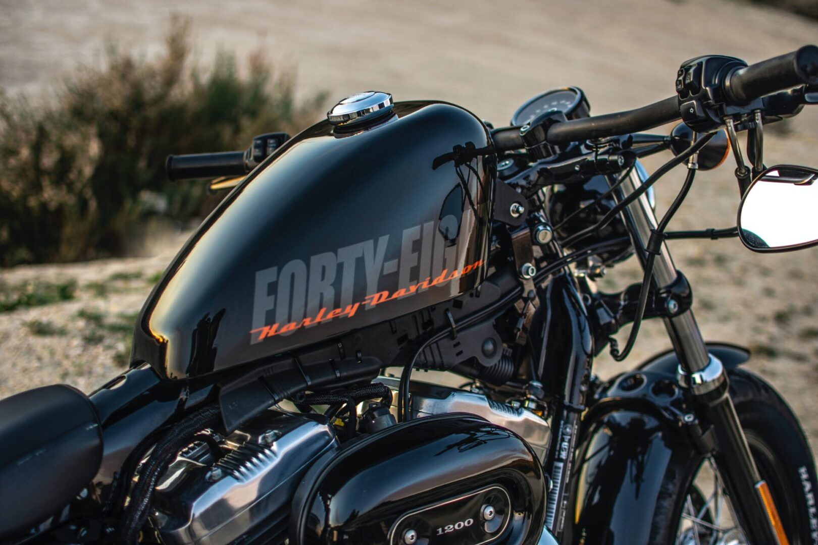 A close up of the forty-eight motorcycle.